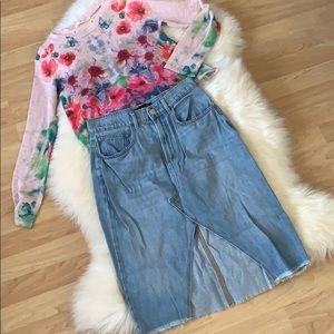High waisted midi denim skirt